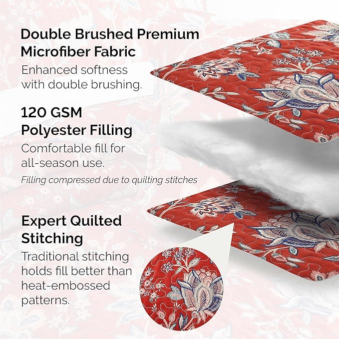 Southshore Fine Living, Inc. Oversized Full/Queen Quilt Bedding Set, Jacobean Willow Floral Quilt Set Queen or Full Size with 2 Matching Pillow Shams, Lightweight Bedspread, Soft and Cozy, Red