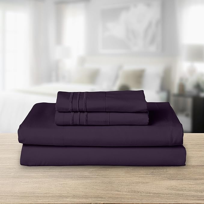 Elegant Comfort Luxurious 1500 Premium Hotel Quality Microfiber Three Line Embroidered Softest 4-Piece Bed Sheet Set, Wrinkle and Fade Resistant, Queen, Eggplant-Purple