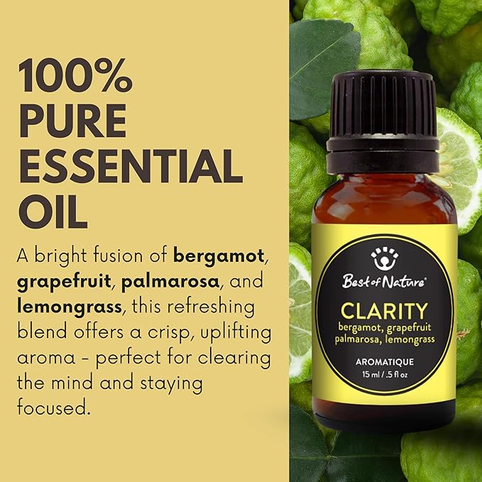 Best of Nature Clarity Essential Oil Blend – Bergamot, Grapefruit, Palmarosa & Lemongrass – 100% Pure for Diffuser, Focus & Mental Boost – Fresh Aromatherapy