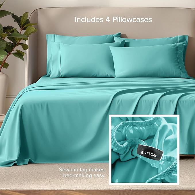 Bare Home Hotel Luxury Queen Sheet Set, Extra Soft - 6 Piece Set - Deep Pockets - Easy Fit - Cooling & Breathable - Wrinkle, Fade, Stain Resistant - Includes 4 Pillowcases (Queen, Turquoise)