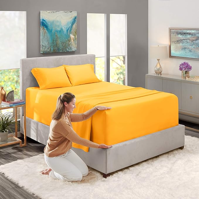 Nestl King Size Sheet Set, 4 Piece Extra Deep Pocket (18-24 inches), Microfiber, Hotel Luxury, Soft, Breathable, Wrinkle-Free, Easy to Care, Yellow