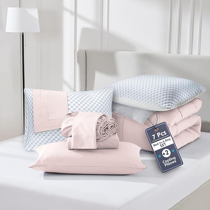 Nestl 7 Piece Twin Comforter Set – Blush Pink Reversible Bed in a Bag – Complete Twin Size Bedding Set with Sheets, Set of 2 Cooling Pillows, Pillowcase and Sham