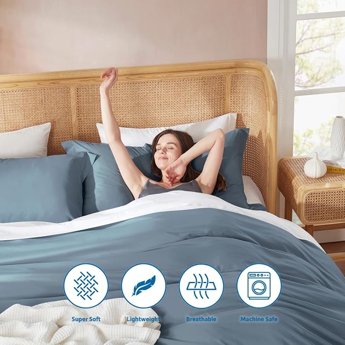 Nestl Queen Duvet Cover Set with Comforter Insert - Stone Blue 4 Piece 90x90 Duvet Cover & 2 Pillow Shams with White Quilted Down Alternative Comforter, Ultra Soft, All Season