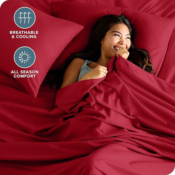 Bare Home Full XL Sheet Set - 1800 Ultra-Soft Microfiber Full Extra Long Bed Sheets - Double Brushed - Deep Pockets - Easy Fit - 4 Piece Set - Bedding Sheets & Pillowcases (Full XL, Red)