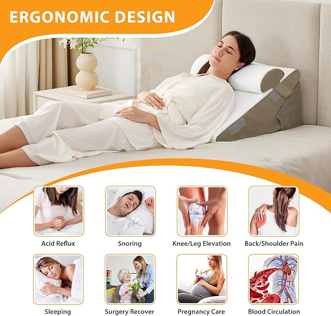 Ruqmuis 3PCS Wedge Pillow Set for After Surgery, Adjustable 9&12 Inch Bed Wedge Pillow for Sleeping, Incline Pillow Wedge for Headboard, Post Surgery, Acid Reflux, Neck&Back Support, Brown