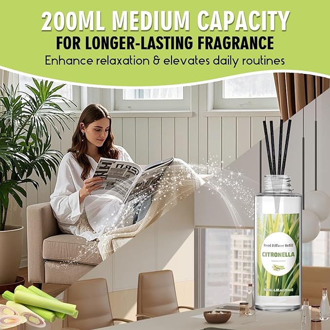 SCENTORINI Reed Diffuser Oil Refill, Citronella Diffuser Oil 6.76 Fl Oz, Natural Scented Essential Oil Refill Long Lasting Home Fragrance for Room Spa Aromatherapy Bathroom Hotel Decor, Patio, Outdoor