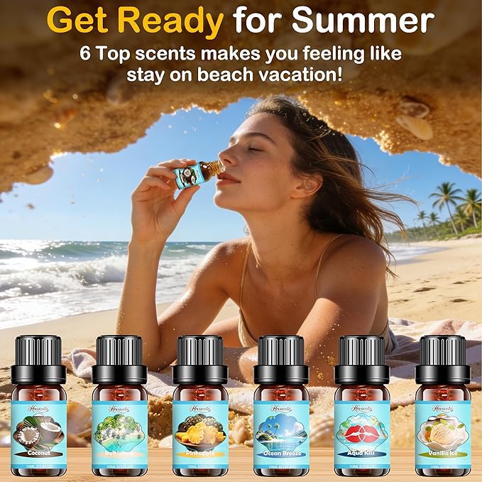 Summer Fragrance Oils Set, Premium Essential Oils for Diffuser, Natural Aromatherapy Oils for Soap Candle Making - Ocean Breeze, Coconut, Pineapple, Bali Island, Vanilla Ice Cream, Aqua Kiss