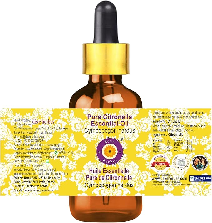 Deve Herbes Pure Citronella Essential Oil (Cymbopogon nardus) with Glass Dropper Steam Distilled 5ml (0.16 oz)