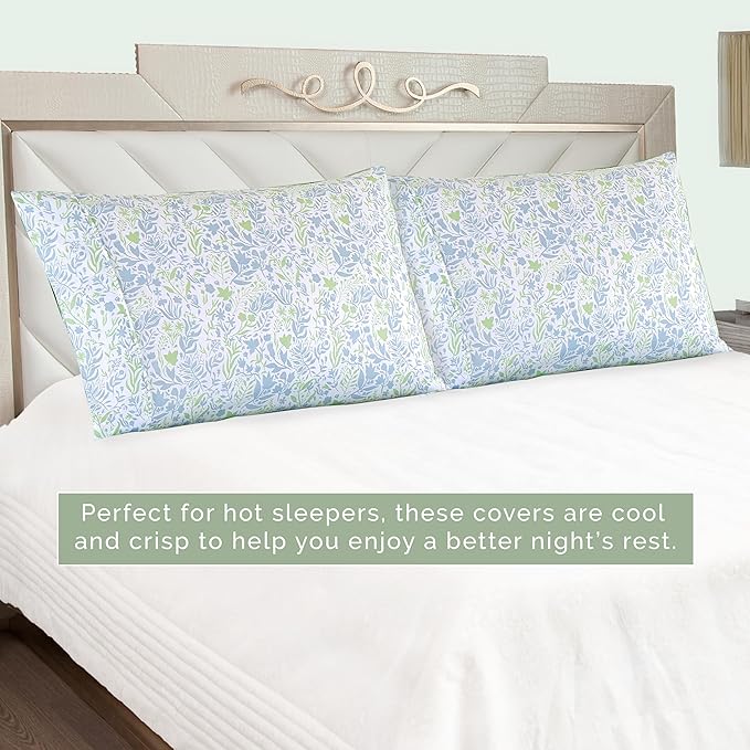Elegant Comfort Ultra Soft Set of 2 Floral Print Pillowcases - 1500 Premium Hotel Quality Microfiber, Soft and Smooth Envelope Closure 2-Piece Pillow Covers - Standard/Queen, Green Anita