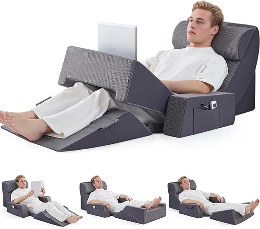9PCS Wedge Pillow Set for After Surgery Recovery, Adjustable Memory Foam Neck Pillow,Foam Leg Pillow,Relieves Neck,Leg Pain,Sleep Apnea,Reading Pillow with Breathable Seersucker,Dark Grey