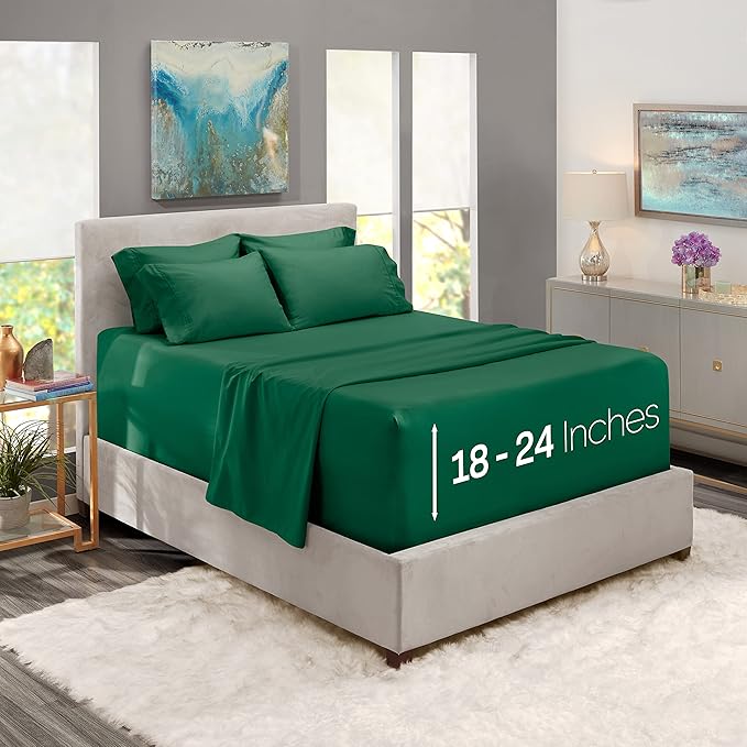 Hearth & Harbor Bed Sheets, Luxury Soft 6 Piece Bed Sheet Set Extra Deep Pocket Fitted Sheets Fits Mattress up to 21", Double Brushed Bedding Sheets & Pillowcases, Twin, Dark Green