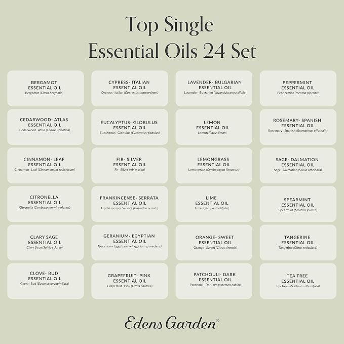 Edens Garden Essential Oils Top 24 Set – 100% Pure Therapeutic Grade, Undiluted, Natural Aromatherapy Scents Kit for Diffusers, Massage & Yoga – Relaxing Holiday Gift for Men & Women, 10 ml/ 24 Pack