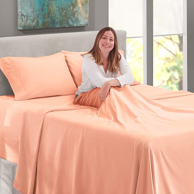 Nestl Twin Size Sheet Set, 4 Piece Extra Deep Pocket (18-24 inches), Microfiber, Hotel Luxury, Soft, Breathable, Wrinkle-Free, Easy to Care, Peach