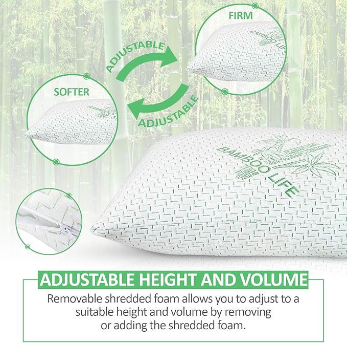 Elif King Size Pillows for Sleeping, Set of 2 – Cooling Shredded Memory Foam Pillow with Removable Cover for Back, Stomach & Side Sleepers, Rayon Derived from Bamboo, King (2 Pack)
