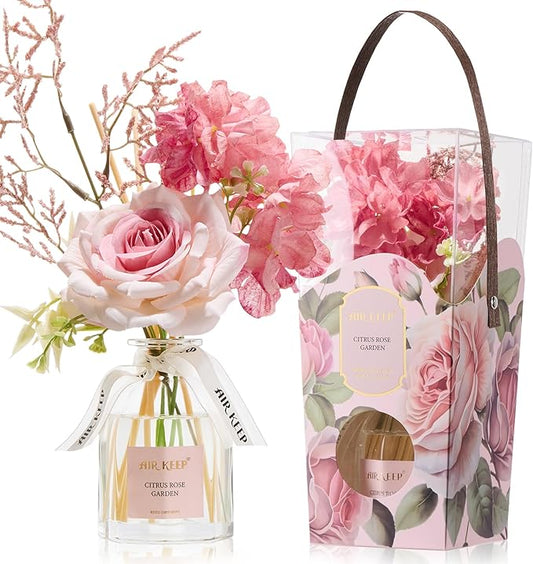 Airkeep Flower Reed Diffuser Set, Citrus Rose Garden Diffuser Gift Set,4.06 fl oz Essential Oil Sticks Diffusers for Bathroom Air Freshener, Aromatherapy Home Fragrance for Shelf Decor,Gift for Women