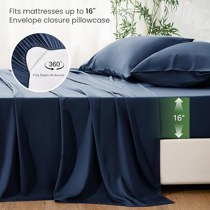 Love's cabin 4 Piece Full Size Sheet Set, 100% Rayon Derived from Bamboo, Cooling & Breathable, Soft Silky Deep Pocket up to 16", Hotel Luxury Bedding for Hot Sleepers, Navy