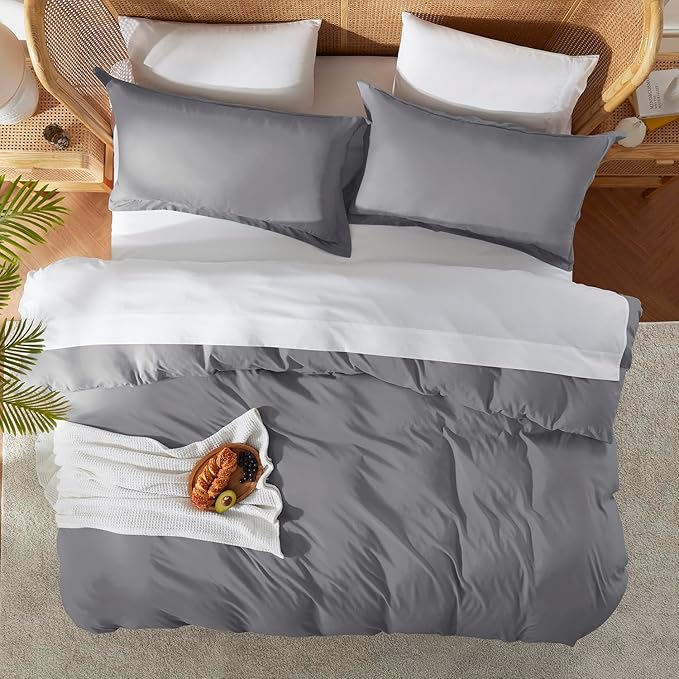 Nestl Full Duvet Cover Set with Comforter Insert - Grey 4 Piece 80x90 Duvet Cover & 2 Pillow Shams with White Quilted Down Alternative Comforter, Ultra Soft, All Season
