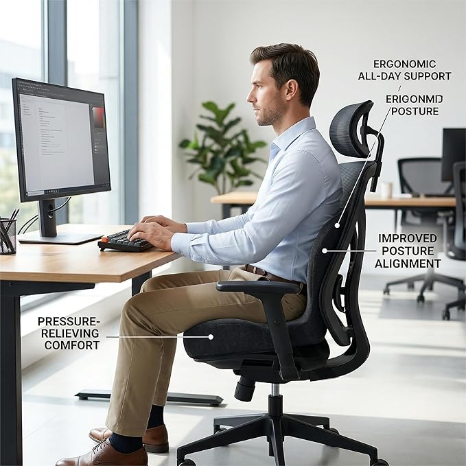 Orthopedic Memory Foam Car Seat Cushion for Sciatica & Back Pain Relief - Ergonomic Non-Slip Office Chair Cushion & Car Cushions for Long Driving with Lumbar Support, Universal Fit (Black)