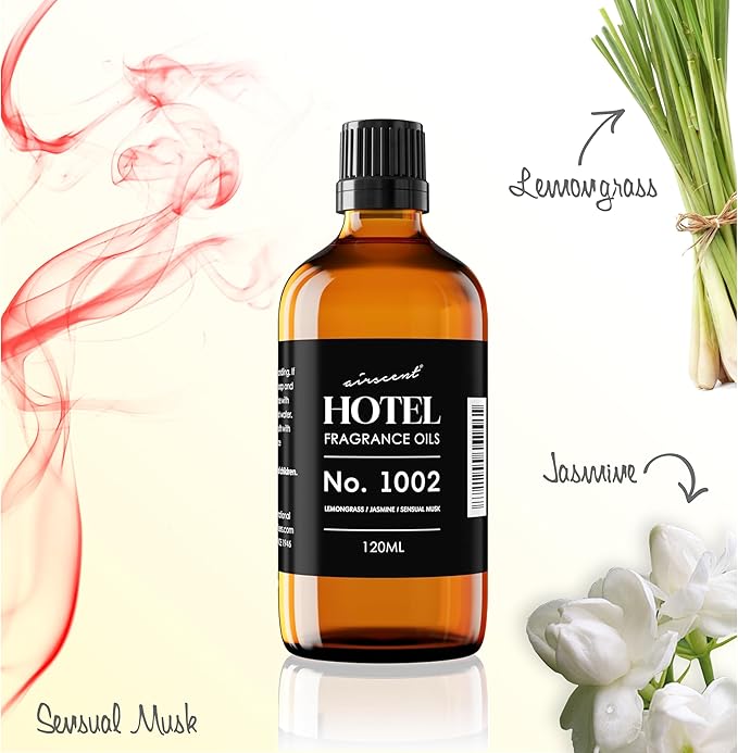 AirScent Hotel Diffuser Oil No. 1002 - Lemongrass Jasmine Amber - Hotel Scent Dupe - Premium Fragrance Oil for Ultrasonic and Waterless Diffusers and Crafting - 30 mL, 1 fl oz Glass Dropper Bottle