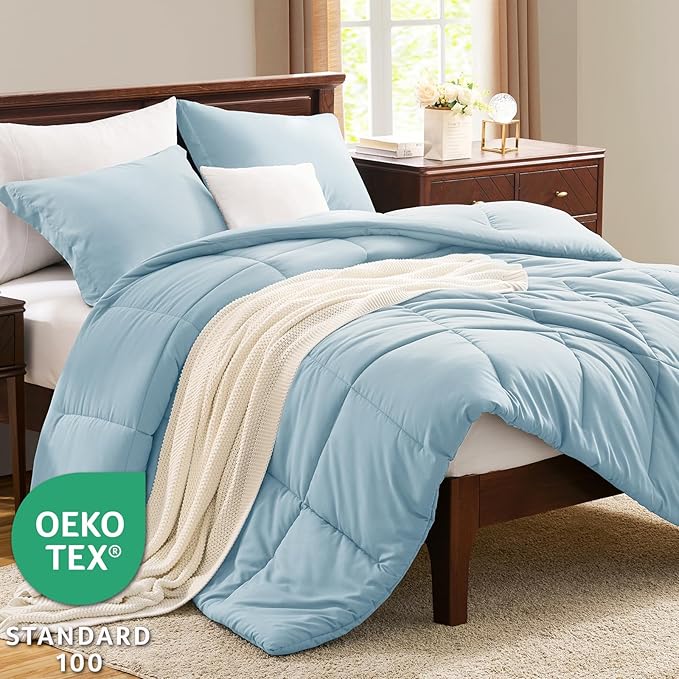 CozyLux Queen Comforter Set - Light Blue Comforters Queen Size, 3 Pieces Box Stitched Bed Set for All Seasons, Soft Lightweight Bedding Sets with 1 Down Alternative Comforter and 2 Pillow Shams