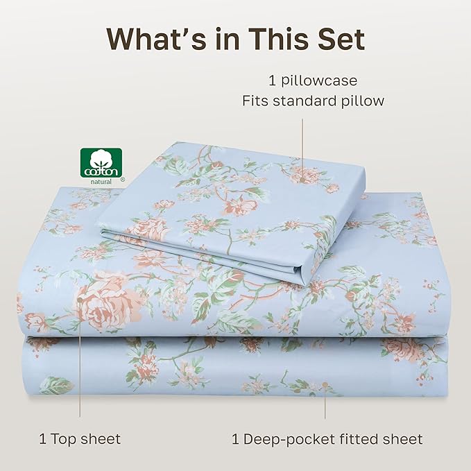 California Design Den Soft 100% Cotton Bed Sheets Twin Size Set, 400 Thread Count Good Housekeeping Award Winner, Smooth Sateen Finish, Cozy and Durable Twin Bedding Set - Floral Blue/Pink