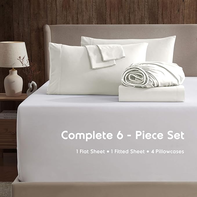 Nestl Extra Deep Full Sheet Set - 6 Piece Breathable & Cooling Sheets - Hotel Luxury Bedding Set w/18-24 Inch Deep Pockets - Easy & Secure Fit - Super Soft, Wrinkle Free & Comfy - Off White
