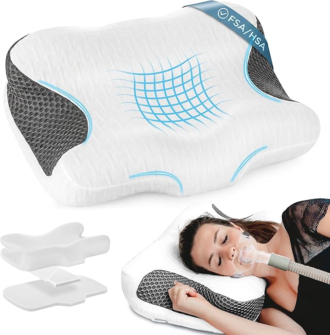 Elviros CPAP Pillow for Sleeping, HSA/FSA Ergonomic Adjustable Height Neck Support Memory Foam Bed Pillow for CPAP Users with Sleep Apnea, Suitable for Side and Back Sleepers
