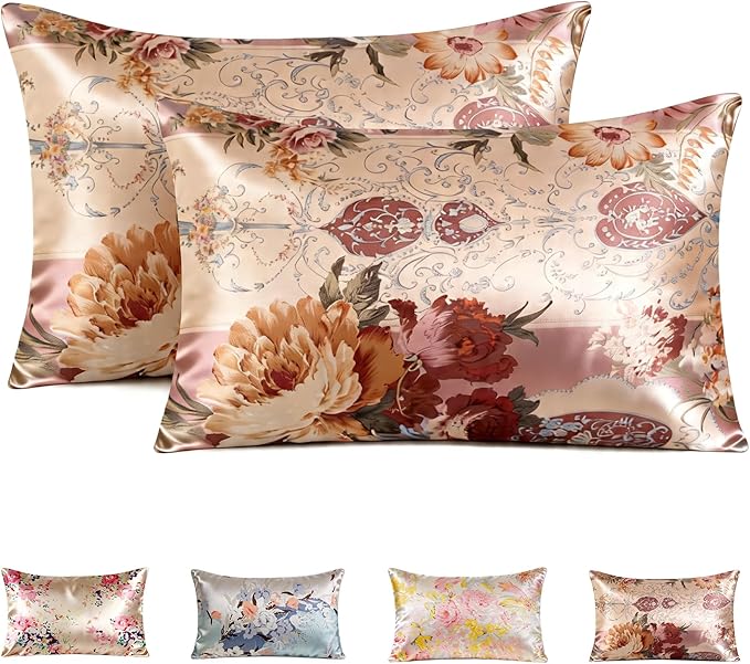 100% Mulberry Silk Pillowcase for Hair and Skin care, Envelope Closure, Natural &Vintage Floral Printed Cooling & Slip Silk Pillow Case, Both Sides Soft Breathable, Queen size, 1 Pack (Brown (2 Pack))