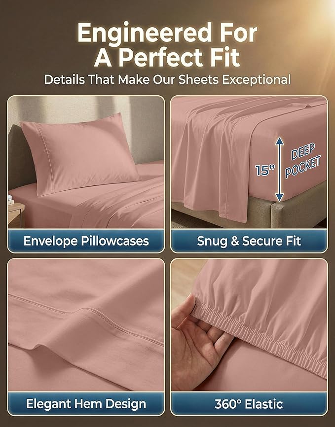 LANE LINEN Twin XL Sheets Set - 600 Thread Count Premium Sateen Weave - 100% Cotton Sheets Set for Guest Rooms - 15'' Deep Pocket for Snug Fit to Your Mattress - Oeko Tex Certified - Sepia Rose