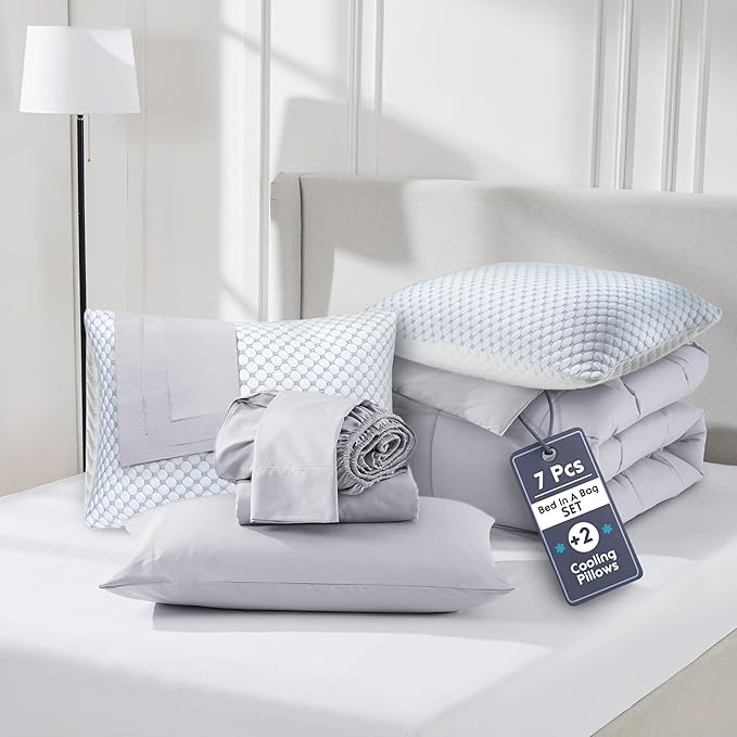 Nestl 9 Piece King Comforter Set – Grey Lavender Reversible Bed in a Bag – Complete King Size Bedding Set with Sheets, Set of 2 Cooling Pillows, Pillowcases and Shams