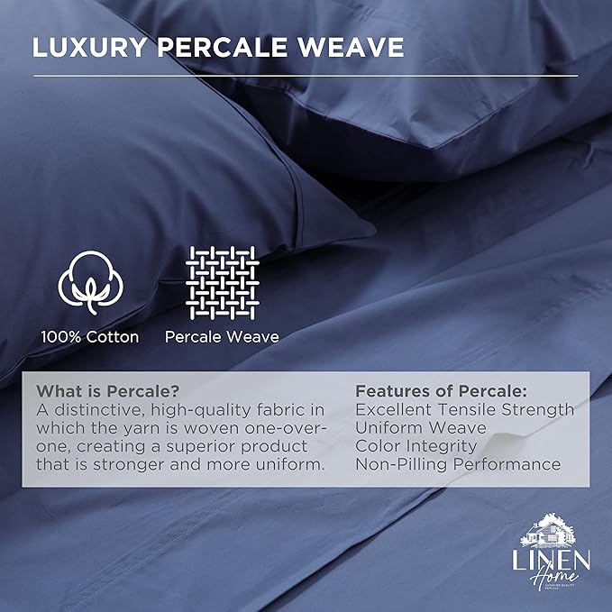 Linen Home 100% Cotton Percale Pillowcases Queen/Standard Size, Dark Blue, 2 Pieces of Pillow Case, Crisp and Cool Strong Bed Linen, 20 inches X 30 inches