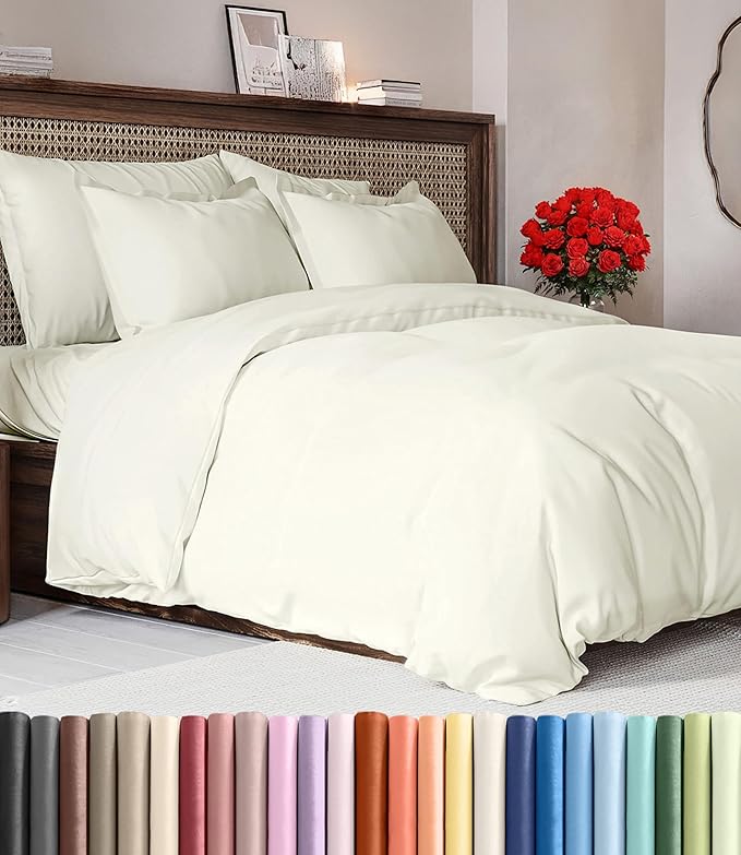Duvet Cover Full Size Set - Extra Soft Full Duvet Cover 80" x 90" with 2 Pillow Shams - Hotel Luxury, Easy Care and Fade Free w/ Zipper Closures & Ties - All Season, Comfy, Cozy & Breathable (Ivory)