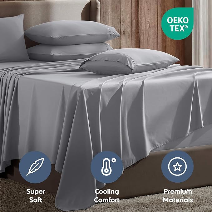 Nestl Extra Deep King Sheet Set - 6 Piece Breathable & Cooling Sheets - Hotel Luxury Bedding Set w/18-24 Inch Deep Pockets - Easy & Secure Fit - Super Soft, Wrinkle Free & Comfy - Grey