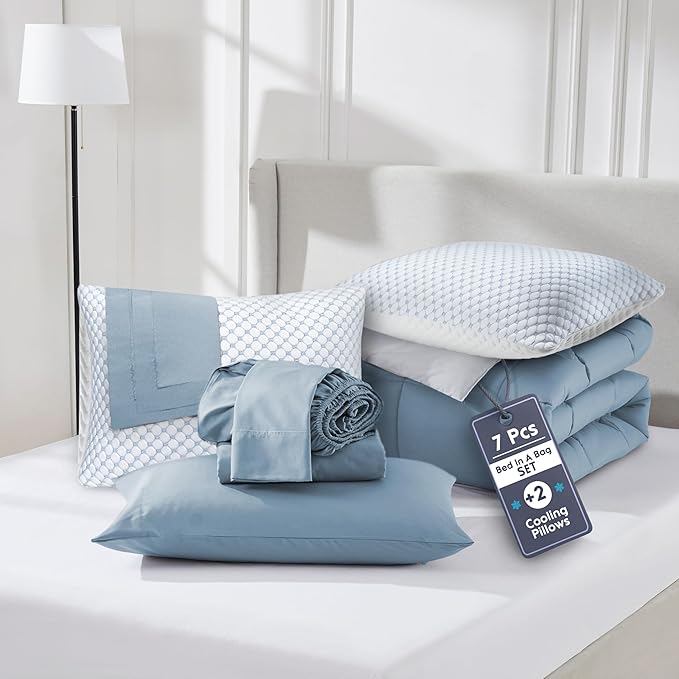 Nestl 9 Piece California King Comforter Set – Stone Blue Reversible Bed in a Bag – Complete Cal King Size Bedding Set with Sheets, Set of 2 Cooling Pillows, Pillowcases and Shams