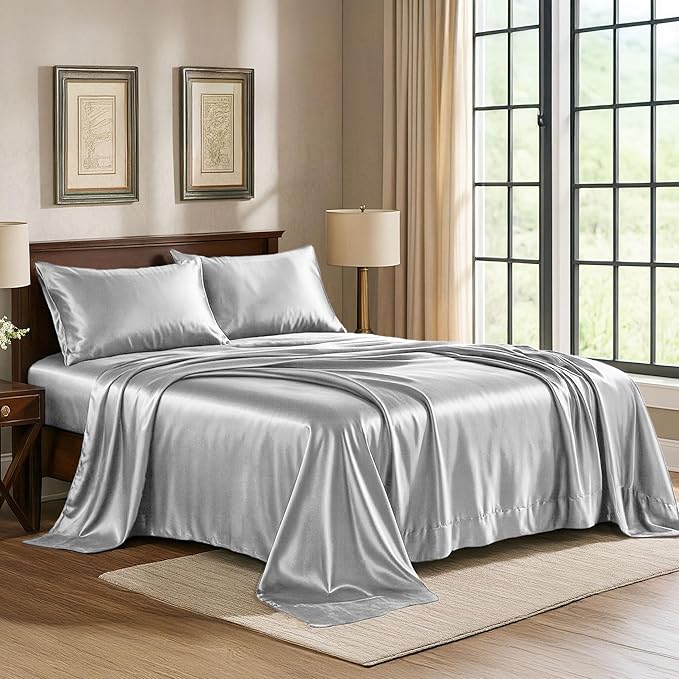 Satin Sheets King [4-Piece, Grey] Hotel Luxury Silky Bed Sheets - Extra Soft 1800 Microfiber Sheet Set, Wrinkle, Fade, Stain Resistant - Deep Pocket Fitted Sheet, Flat Sheet, Pillow Cases