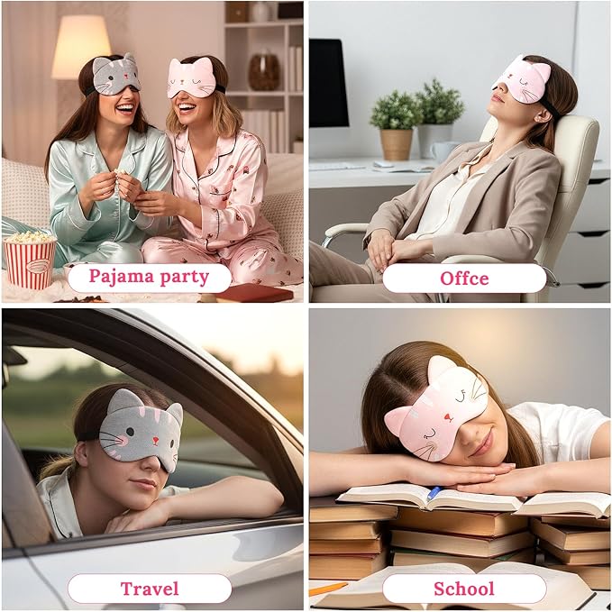 2PCS Sleep Mask for Kids Cute Kids Sleep Mask Cartoon Cat Sleeping Mask for Kid Women Men Kitty Cat Slumber Party Favors