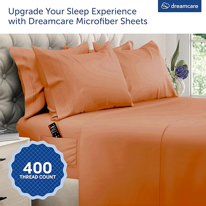 DREAMCARE Queen Sheet Set - 6 pcs Breathable Cooling Bed Sheets - up to 15" Deep Pocket Queen Sheets Set with Side Pockets - Extra Soft 100% Brushed Hypoallergenic Hotel Luxury Bedding - Terracota