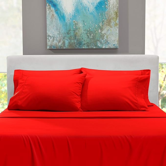 Hearth & Harbor Extra Deep Pocket Sheets - Fits Mattress 18-24 Inches Deep - Extra Deep Pocket Twin Sheets Sets - 4 Piece Twin Size - Cherry Red