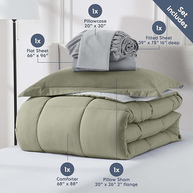 Nestl 7 Piece Twin Comforter Set – Light Sage Reversible Bed in a Bag – Complete Twin Size Bedding Set with Sheets, Set of 2 Down Alternative Pillows, Pillowcase and Sham