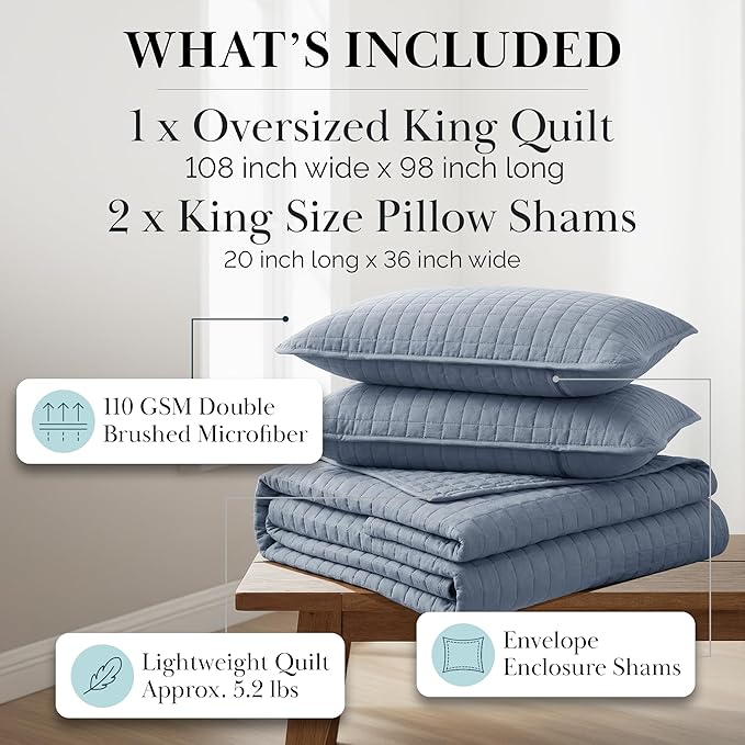 Southshore Fine Living, Inc. Oversized King Quilt Set, Blue Bedspread King California Comforter with 2 Matching Pillow Shams, Microfiber Coverlet Set, Oversized King Size Quilt, Slate Blue Bedding
