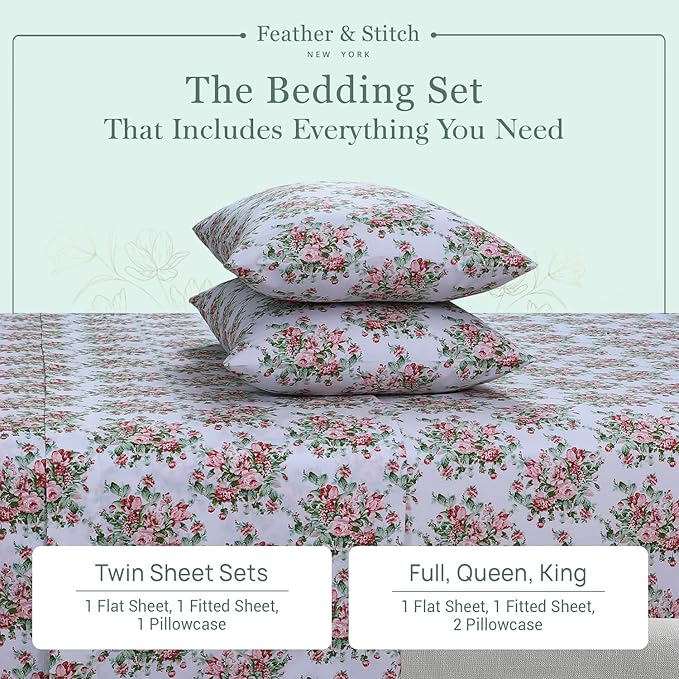 Feather & Stitch Softest 100% Cotton Sheets, 300 Thread Count Percale Weave Bedding, 16" Deep Pocket, Cooling Sheets, Breathable Bed Set, Hotel Premium Quality (Full, Floral)