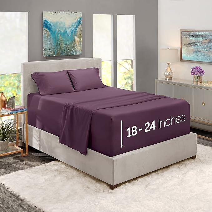 Nestl Queen Size Sheet Set, 4 Piece Extra Deep Pocket (18-24 inches), Microfiber, Cooling, Hotel Luxury, Soft, Breathable, Wrinkle-Free, Easy to Care, Purple