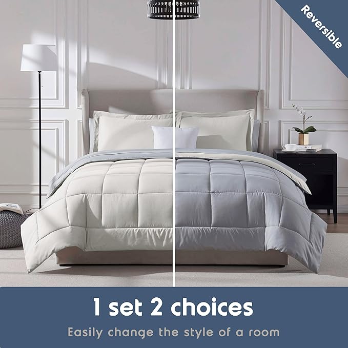 Nestl 9 Piece King Comforter Set – Off White Reversible Bed in a Bag – Complete King Size Bedding Set with Sheets, Set of 2 Down Alternative Pillows, Pillowcases and Shams
