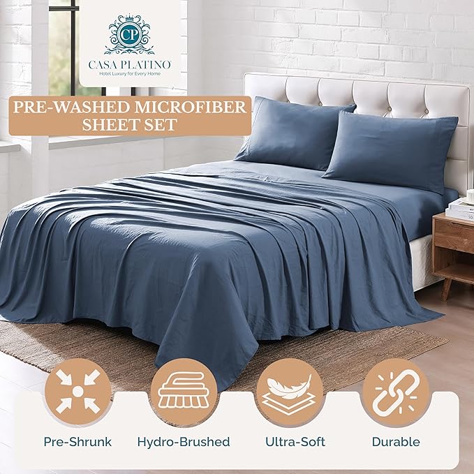 Casa Platino Queen Bed Sheets Set, Ultra Soft & Cozy Queen Sheet, Pre Washed Brushed Microfiber Bed Sheets Queen, Deep Pocket Sheet Sets Queen Size Fits 8 to 15 inch Deep Mattress- Estate Blue