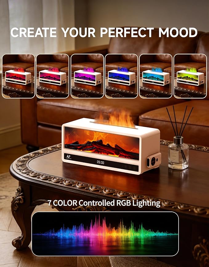 Essential Oil Diffuser, 250Ml Aromatherapy Diffuser with Realistic Flame Effect, 7 Color LED Lights, Remote Control, Quiet Mist for Bedroom Home Office(White)