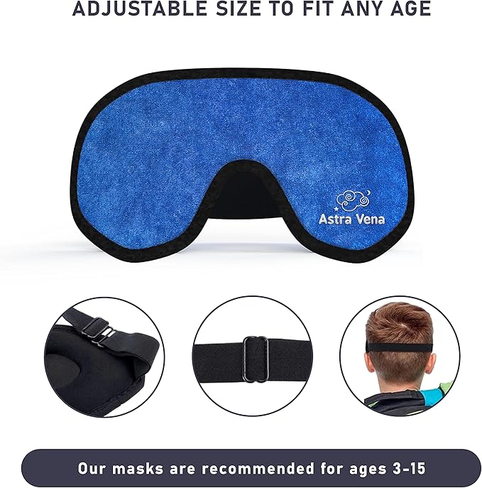 3D Sleep Mask for Kids, Light Block Sleeping Blindfold Memory Foam Contoured Eye Mask for Sleep, Adjustable Strap Eye Cover and Travel Sleep Mask for Boys Girls, Dark Blue
