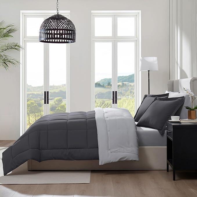 Nestl 9 Piece King Comforter Set – Dark Grey Reversible Bed in a Bag – Complete King Size Bedding Set with Sheets, Set of 2 Cooling Pillows, Pillowcases and Shams
