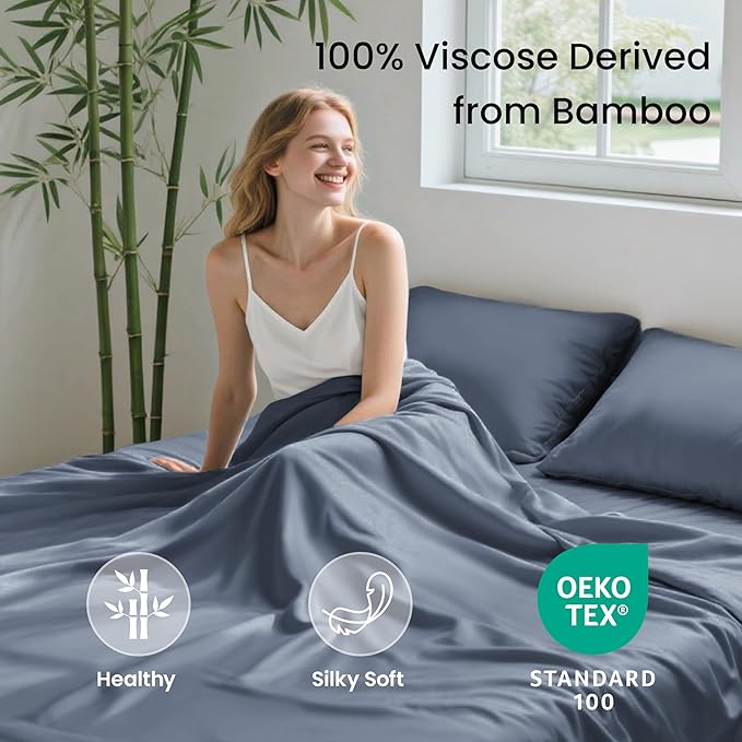 Love's cabin 4 Piece Full Size Sheet Set, 100% Rayon Derived from Bamboo, Cooling & Breathable, Soft Silky Deep Pocket up to 16", Hotel Luxury Bedding for Hot Sleepers, Bluish Grey
