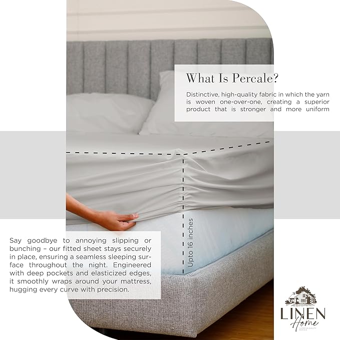 Linen Home 100% Cotton Percale King Size Sheets - Crisp & Cool, Breathable, Deep Pocket Fits 16" Mattress, 4-Piece Set, Long-Staple Combed Cotton, Hotel Bedding, Softer After Each Wash - Silver