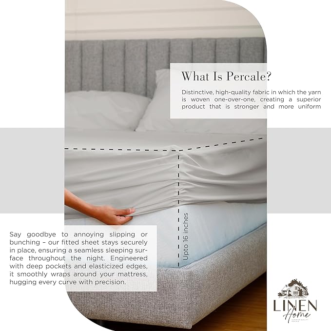 Linen Home 2-Pack Queen Sheet Set, 100% Cotton Percale Bedding, 8-Piece Value Bundle, Deep Pocket Cooling Bed Sheets for Hot Sleepers, Breathable & Crisp Hotel Quality, Long-Staple Cotton, Silver